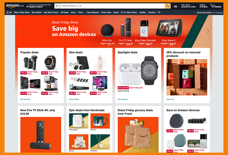 Screenshot of Amazon homepage showing Black Friday Week deals