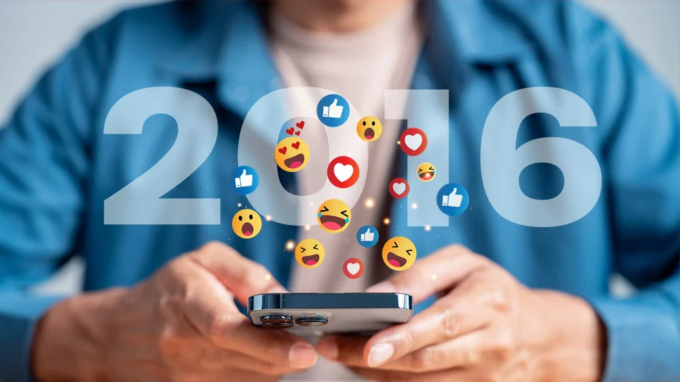 blog image copy A graphic with someone typing on a phone with 2016 in the middle of the graphic and social media icons flooding out of the phone screen