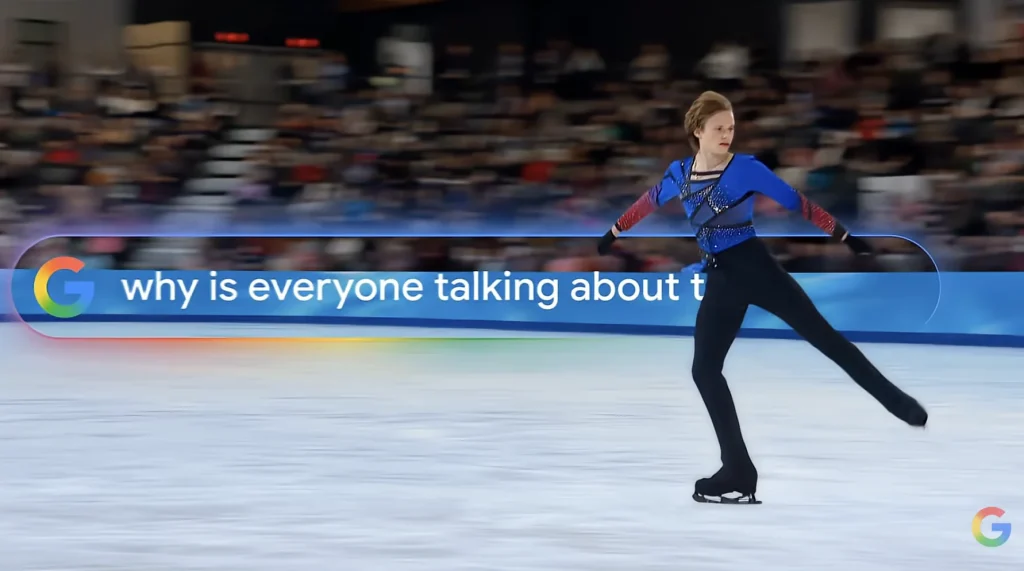 Figure skater ice skating in a full arena with moving text motion graphics behind him