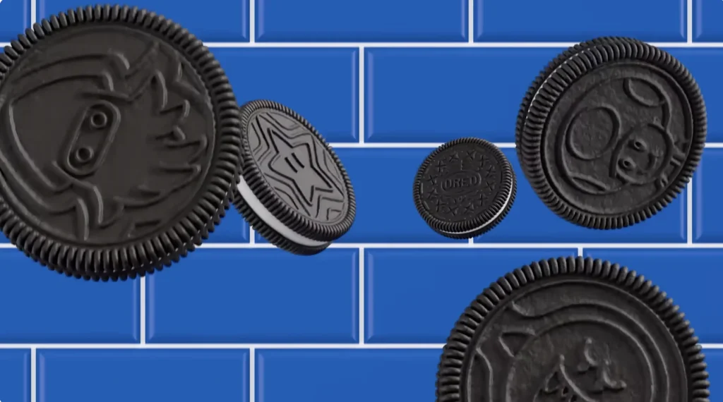 Oreo biscuits with Super Mario symbols falling in front of blue tiles